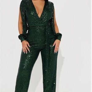 Fashion Nova Deep Green Sequin Jumpsuit